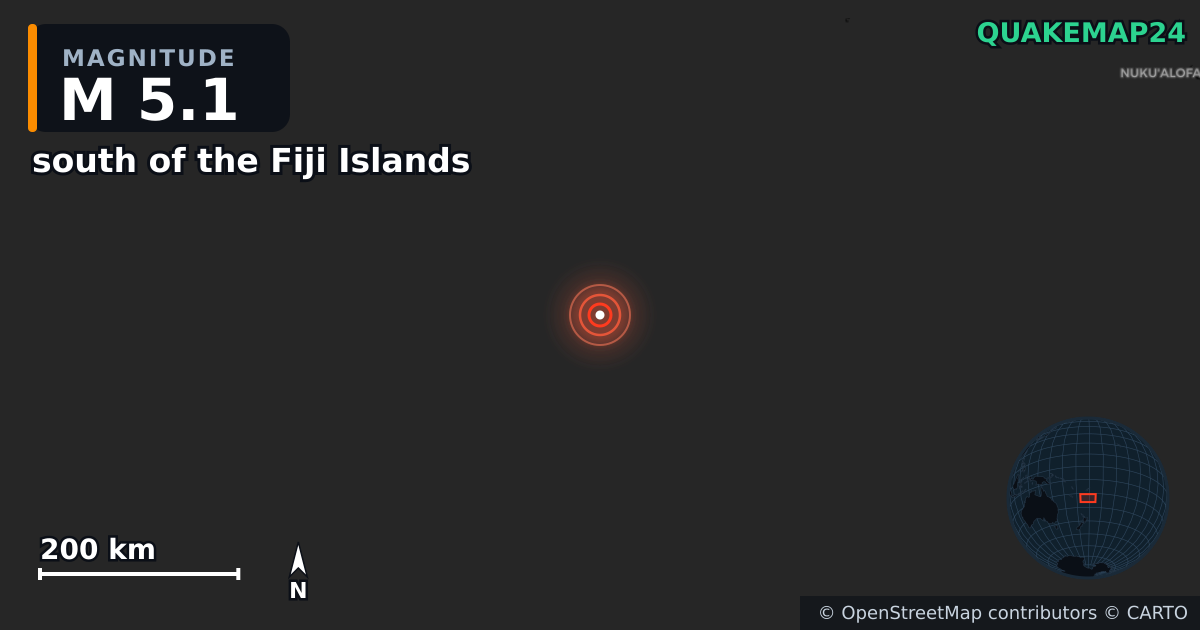 M5.1 earthquake near south of the Fiji Islands on Oct 16, 2025 — map of epicenter and shaking intensity | QuakeMap24