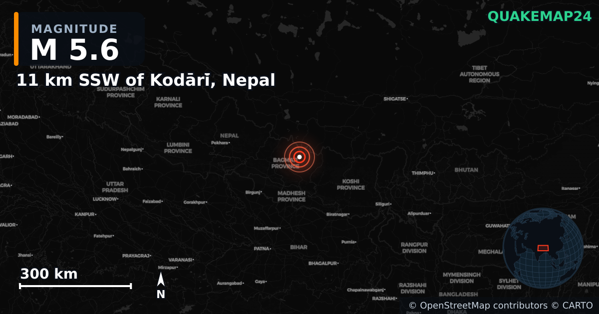 M5.6 earthquake near 11 km SSW of Kodāri̇̄, Nepal on Feb 27, 2025 — map of epicenter and shaking intensity | QuakeMap24