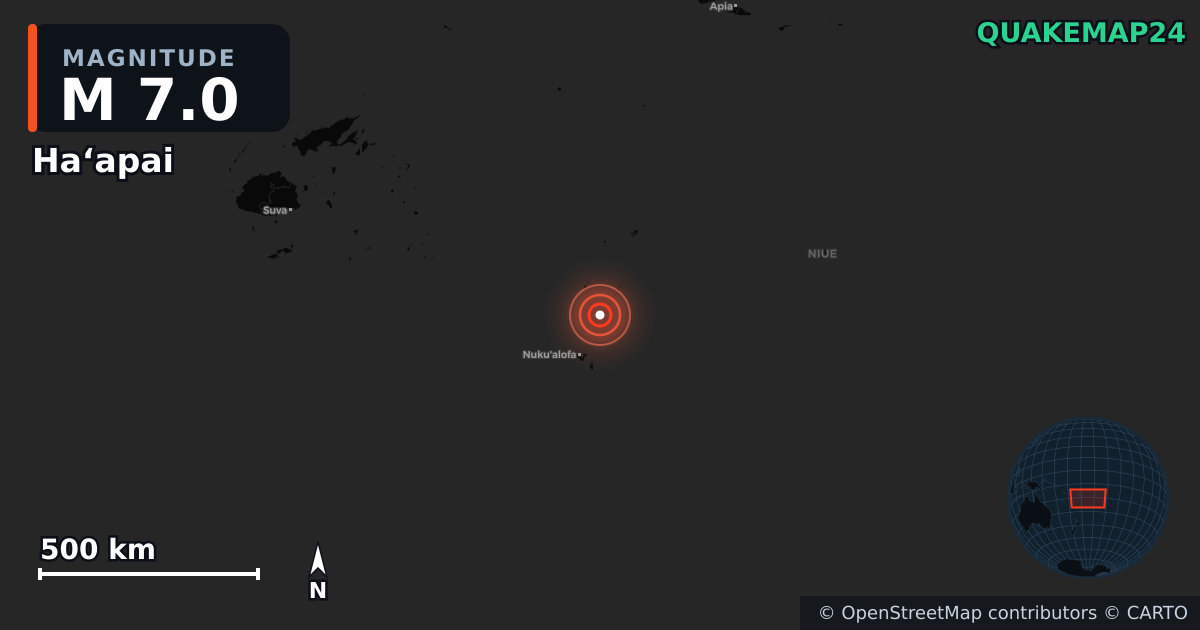 M7.0 earthquake near Haʻapai on Mar 30, 2025 — map of epicenter and shaking intensity | QuakeMap24