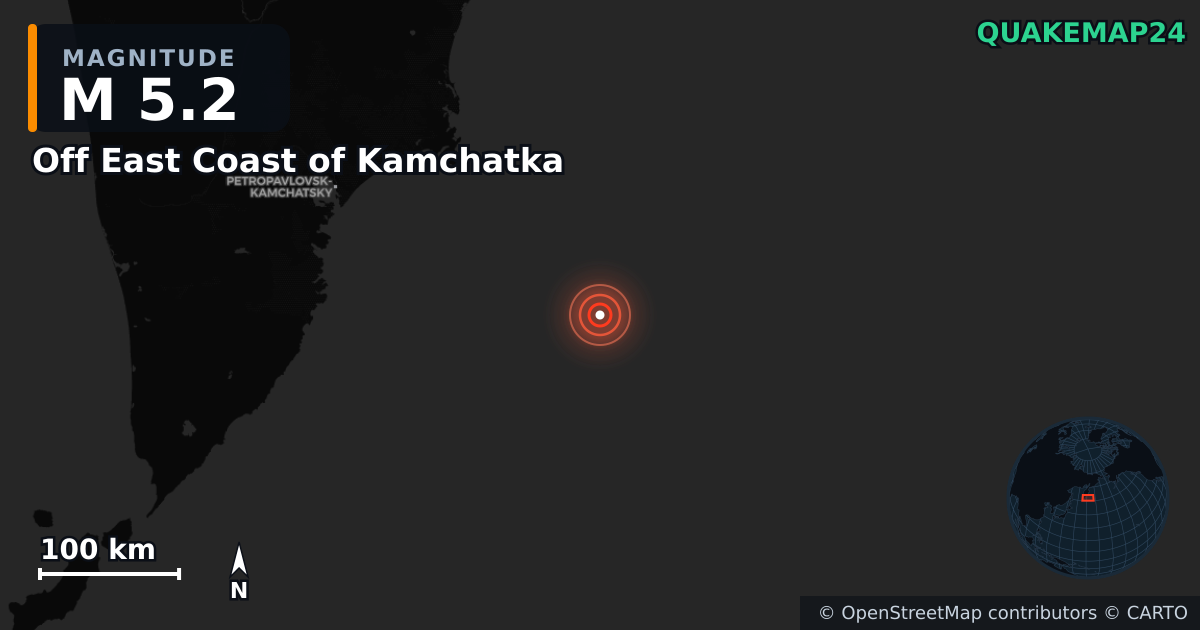 M5.2 earthquake near Off East Coast of Kamchatka on Jul 30, 2025 — map of epicenter and shaking intensity | QuakeMap24