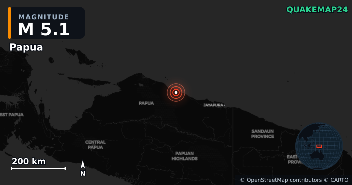 M5.1 earthquake near Papua on Oct 16, 2025 — map of epicenter and shaking intensity | QuakeMap24