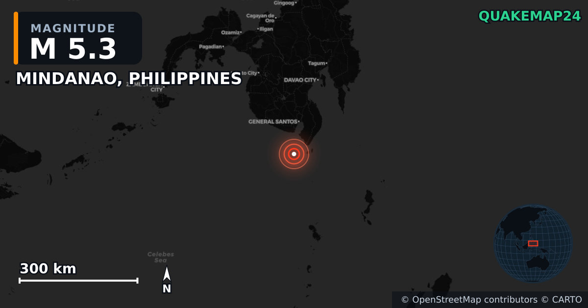 M5.3 earthquake near MINDANAO, PHILIPPINES on Jun 8, 2026 — map of epicenter and shaking intensity | QuakeMap24