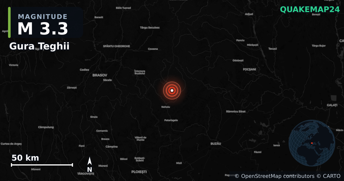M3.3 earthquake near Gura Teghii on Mar 29, 2026 — map of epicenter and shaking intensity | QuakeMap24