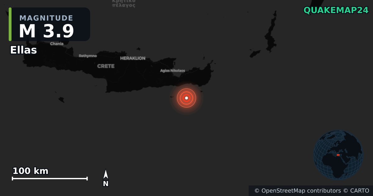 M3.9 earthquake near Ellas on Feb 6, 2026 — map of epicenter and shaking intensity | QuakeMap24