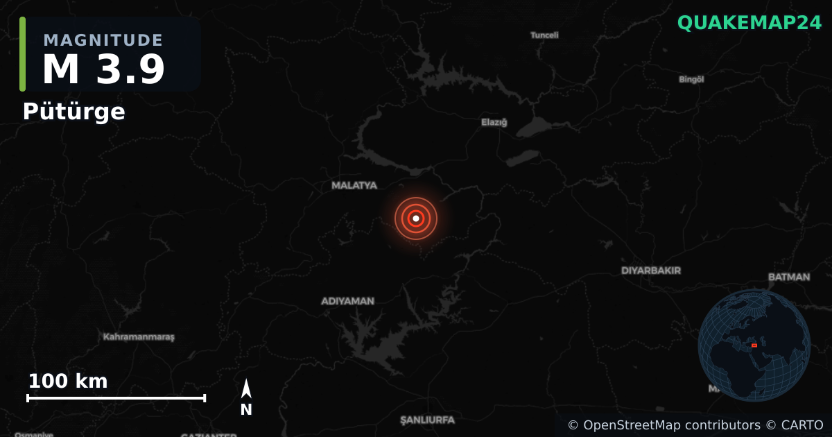 M3.9 earthquake near Pütürge on Sep 26, 2025 — map of epicenter and shaking intensity | QuakeMap24