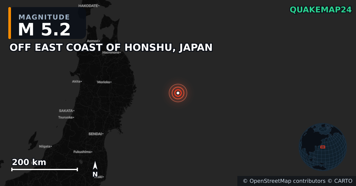 M5.2 earthquake near OFF EAST COAST OF HONSHU, JAPAN on Nov 3, 2025 — map of epicenter and shaking intensity | QuakeMap24