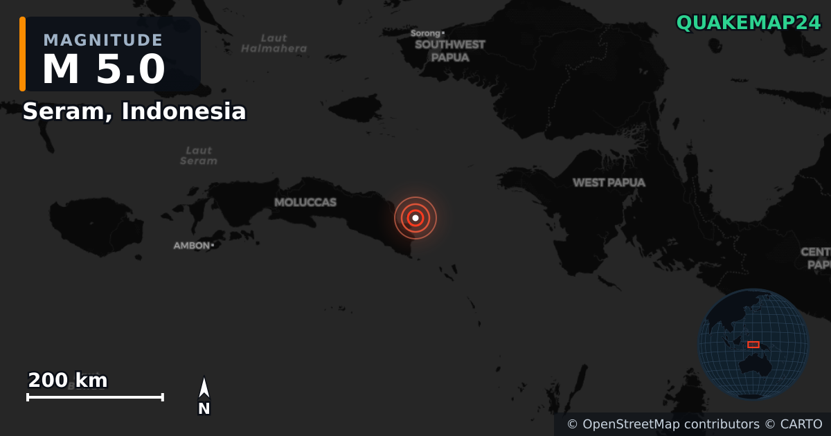 Erdbeben M5,0 bei Seram, Indonesia — Karte der Lage des Epizentrums