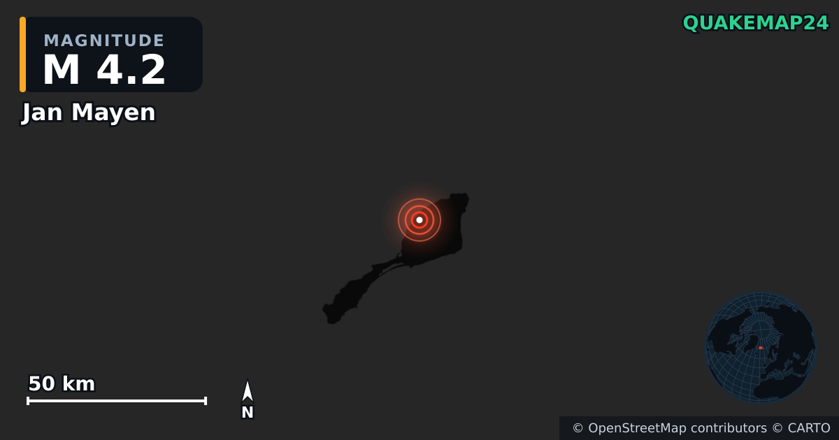 M4.2 earthquake near Jan Mayen on Jul 1, 2026 — map of epicenter and shaking intensity | QuakeMap24