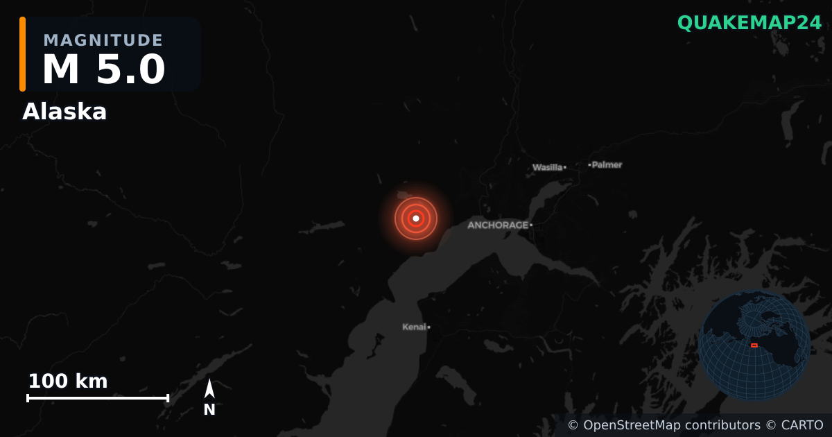 M5.0 earthquake near Alaska on Nov 22, 2025 — map of epicenter and shaking intensity | QuakeMap24