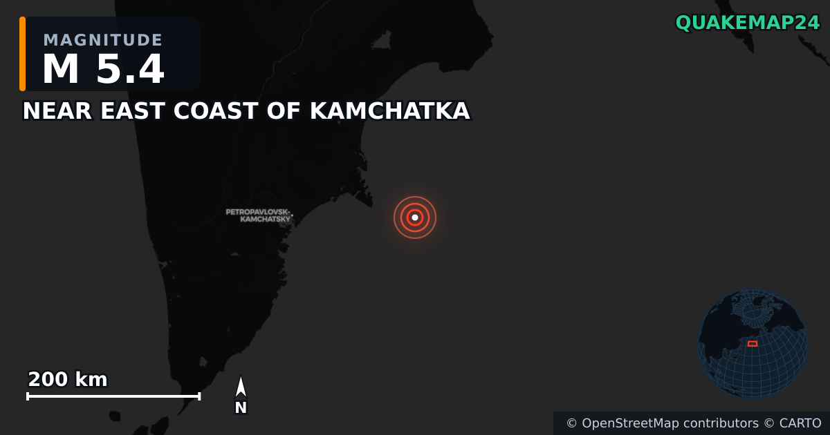 M5.4 earthquake near NEAR EAST COAST OF KAMCHATKA on Sep 18, 2025 — map of epicenter and shaking intensity | QuakeMap24