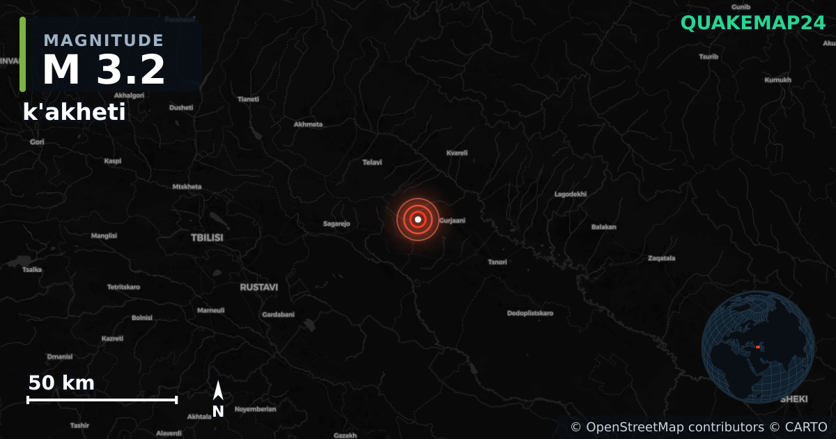 M3.2 earthquake near k'akheti on Dec 16, 2025 — map of epicenter and shaking intensity | QuakeMap24