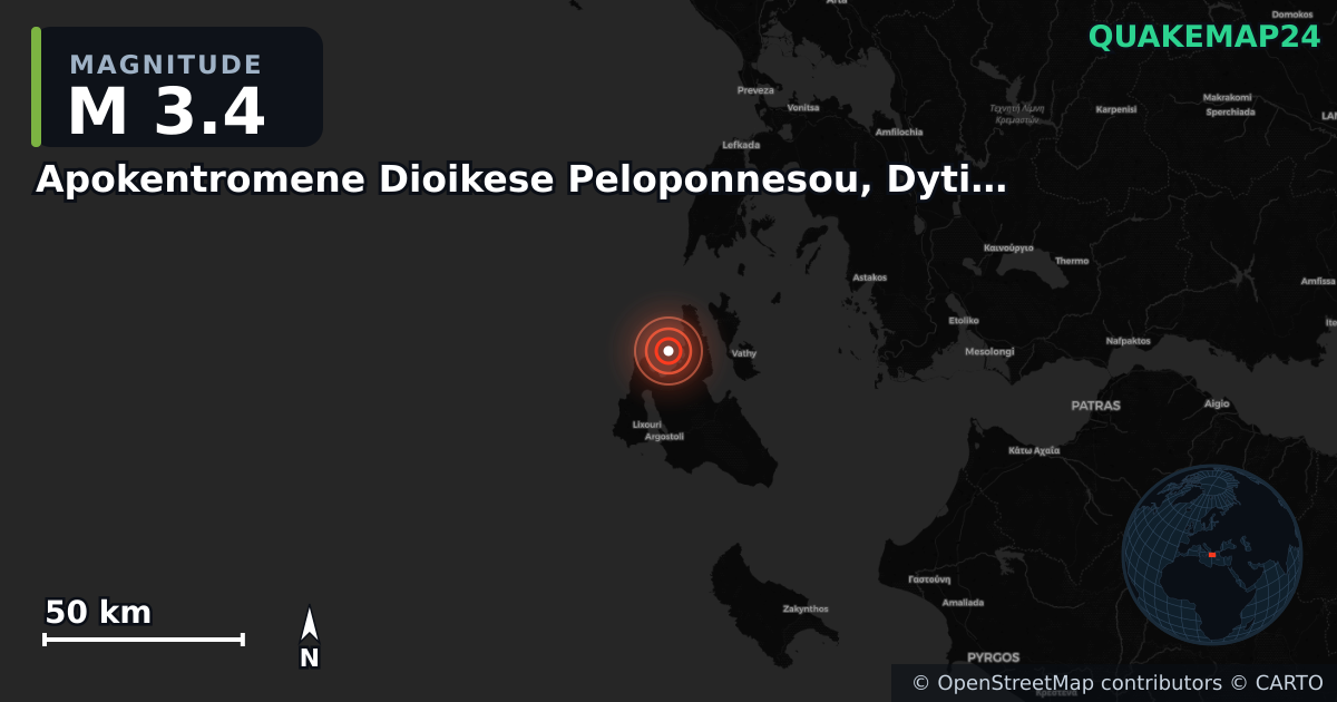 M3.4 earthquake near Apokentromene Dioikese Peloponnesou, Dytikes Elladas kai Ioniou on Sep 18, 2025 — map of epicenter and shaking intensity | QuakeMap24