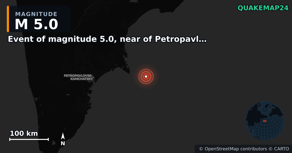 M5.0 earthquake near Event of magnitude 5.0, near of Petropavlovsk Kamchatskiy (Monde) on Sep 19, 2025 — map of epicenter and shaking intensity | QuakeMap24