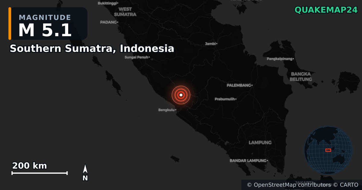 Erdbeben M5,1 bei Southern Sumatra, Indonesia — Karte der Lage des Epizentrums