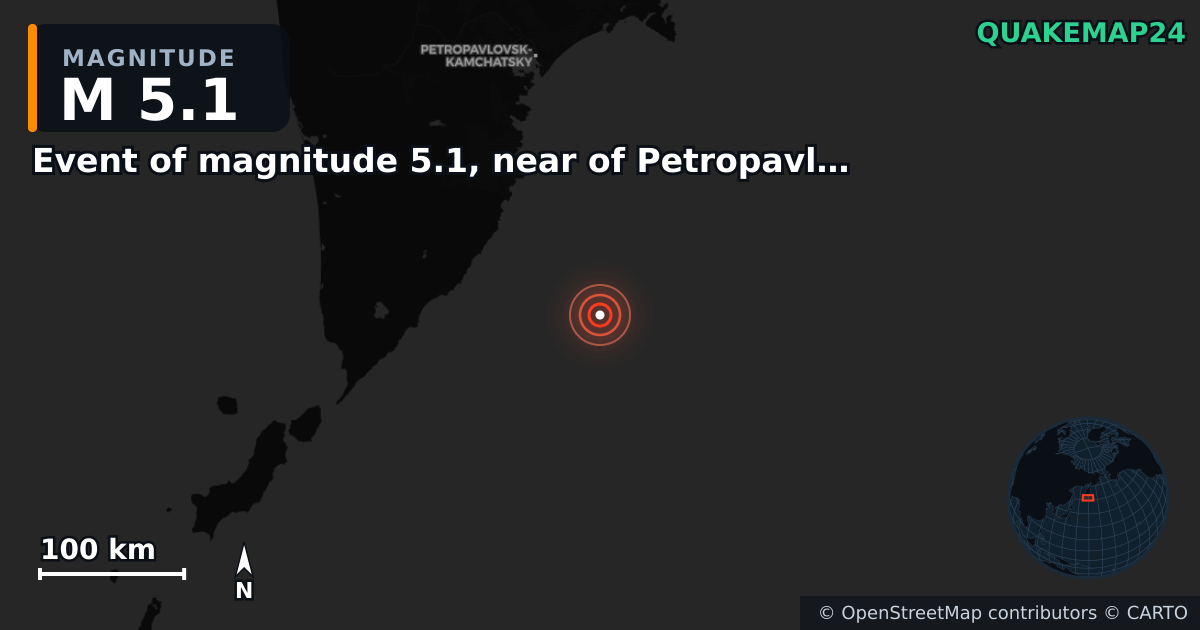 M5.1 earthquake near Event of magnitude 5.1, near of Petropavlovsk Kamchatskiy (Monde) on Feb 26, 2026 — map of epicenter and shaking intensity | QuakeMap24
