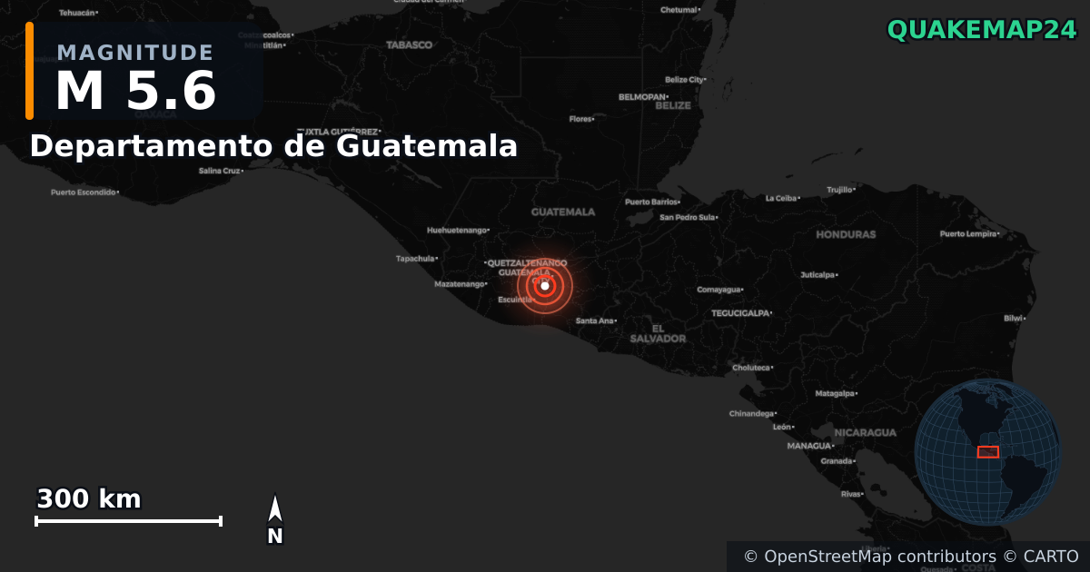 M5.6 earthquake near Departamento de Guatemala on Jul 8, 2025 — map of epicenter and shaking intensity | QuakeMap24