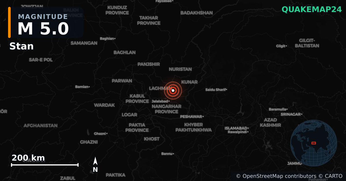 M5.0 earthquake near Stan on Sep 23, 2025 — map of epicenter and shaking intensity | QuakeMap24