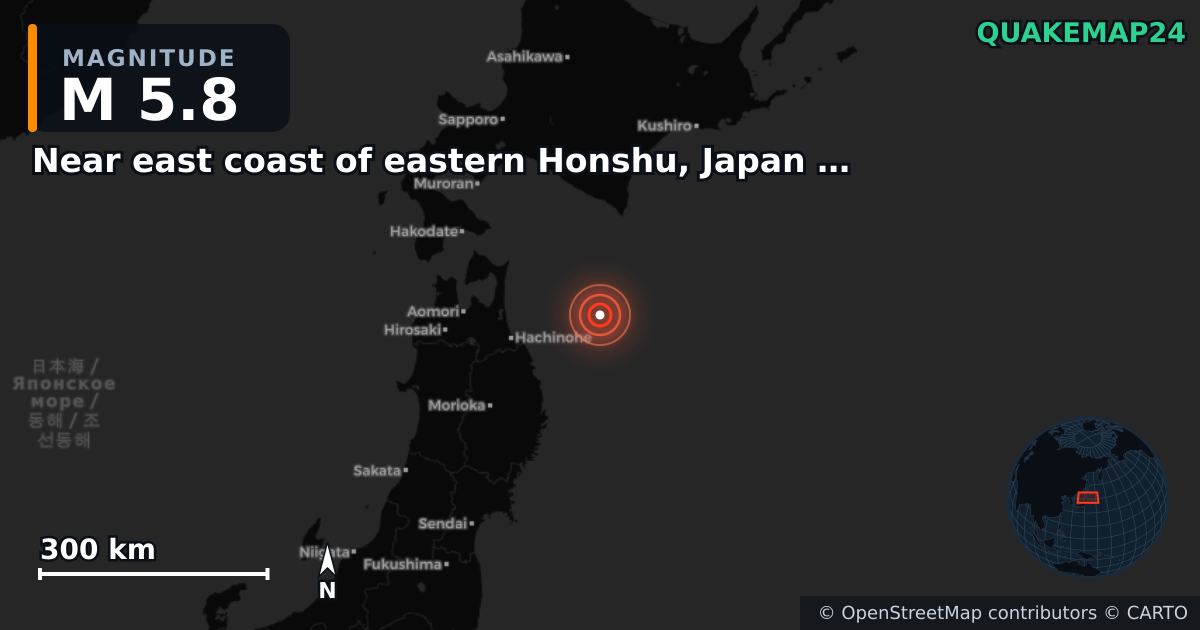 M5.8 earthquake near Near east coast of eastern Honshu, Japan [Sea: Japan] on Dec 10, 2025 — map of epicenter and shaking intensity | QuakeMap24