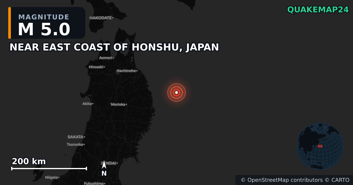 M5.0 earthquake near NEAR EAST COAST OF HONSHU, JAPAN on Apr 26, 2026 — map of epicenter and shaking intensity | QuakeMap24