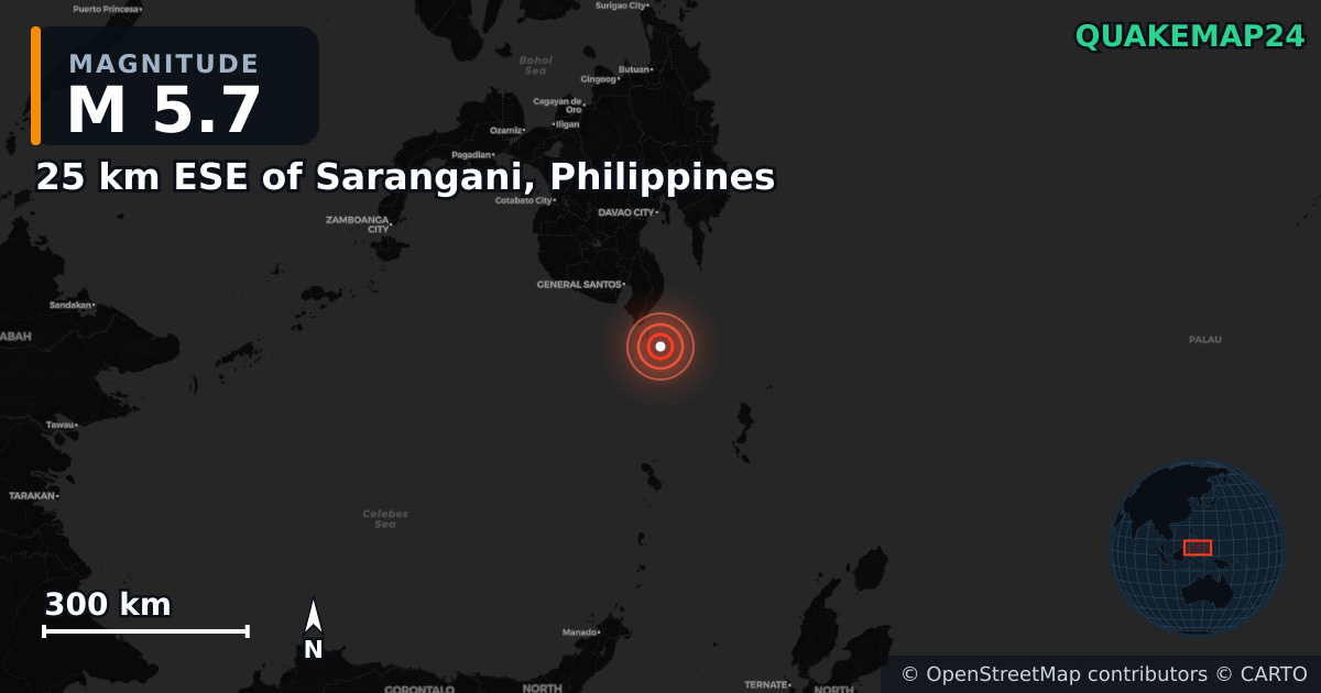 M5.7 earthquake near 25 km ESE of Sarangani, Philippines on Jun 8, 2026 — map of epicenter and shaking intensity | QuakeMap24