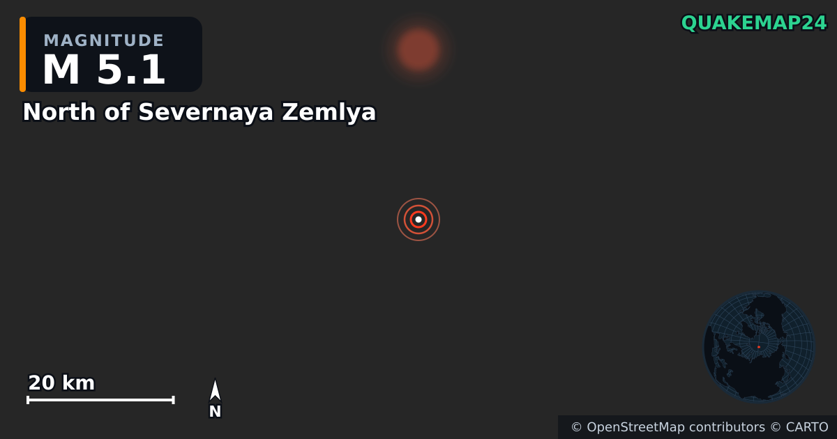 North of Severnaya Zemlya yakınında M5,1 deprem — Deprem merkez üssünün konumunu gösteren harita
