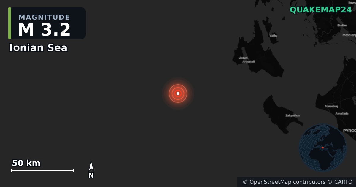 M3.2 earthquake near Ionian Sea on May 21, 2026 — map of epicenter and shaking intensity | QuakeMap24