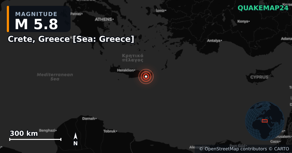 Erdbeben M5,8 bei Crete, Greece [Sea: Greece] · 2026-04-24 — Karte der Lage des Epizentrums