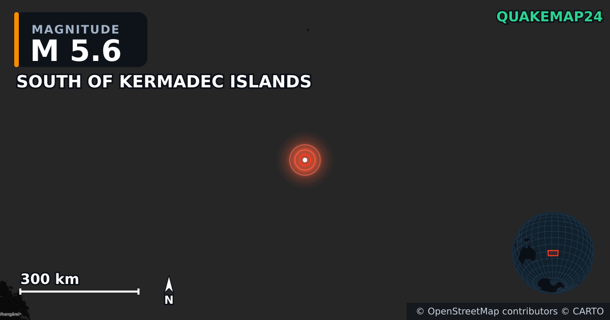 M5.6 earthquake near SOUTH OF KERMADEC ISLANDS on May 6, 2026 — map of epicenter and shaking intensity | QuakeMap24