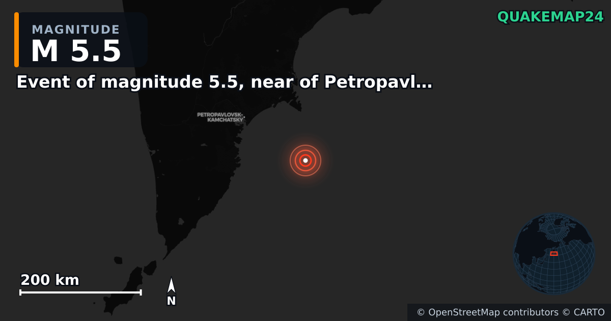 M5.5 earthquake near Event of magnitude 5.5, near of Petropavlovsk Kamchatskiy (Monde) on Nov 7, 2025 — map of epicenter and shaking intensity | QuakeMap24