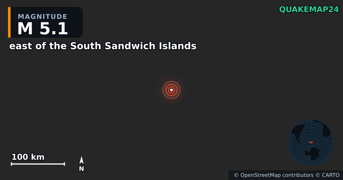 Terremoto de M5,1 cerca de east of the South Sandwich Islands · 2025-06-20 — Mapa de la ubicación del epicentro