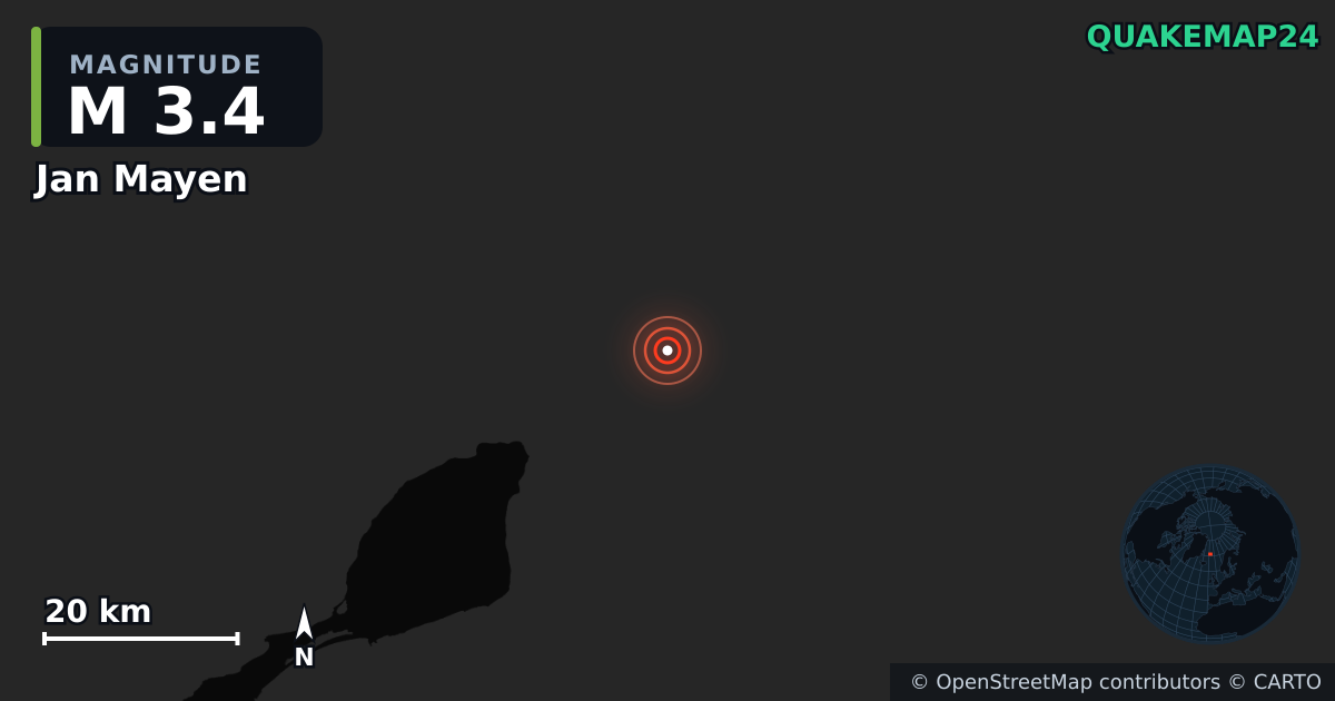 M3.4 earthquake near Jan Mayen on Jun 29, 2026 — map of epicenter and shaking intensity | QuakeMap24