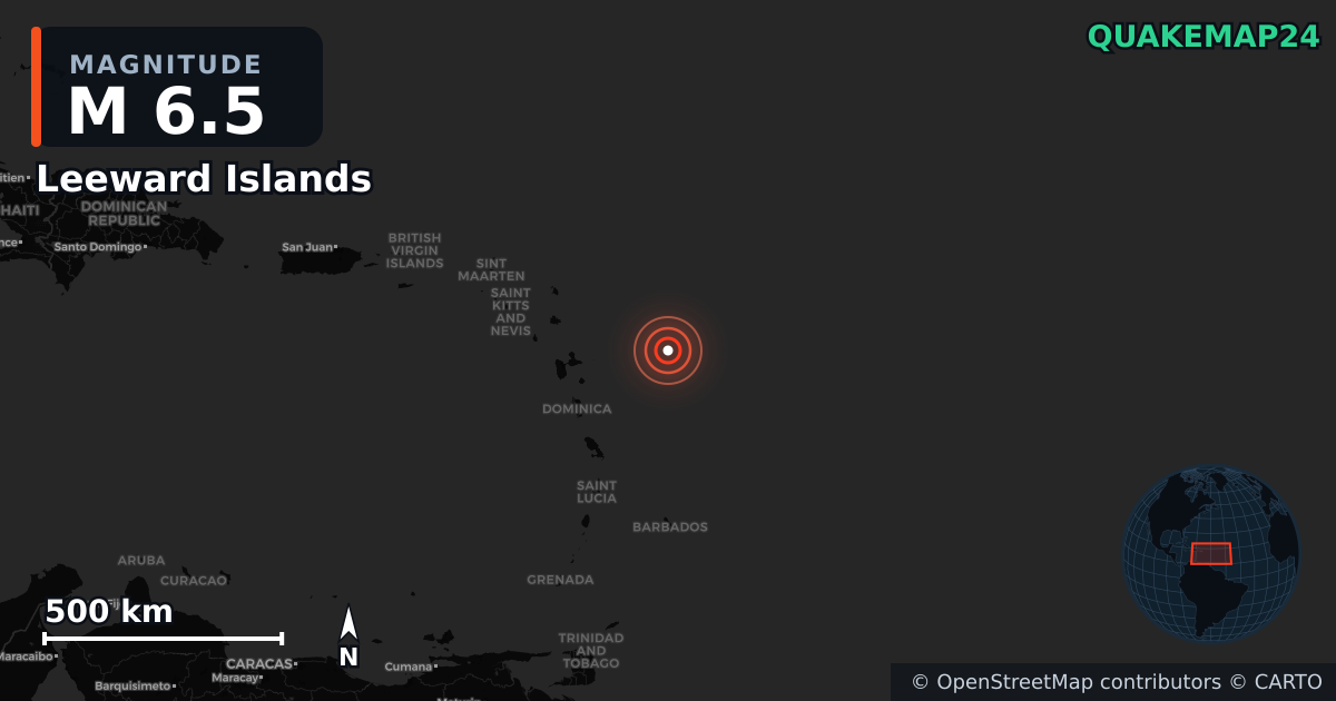 M6.5 Earthquake near Leeward Islands · 2025-10-27 — Map showing the location of the epicenter