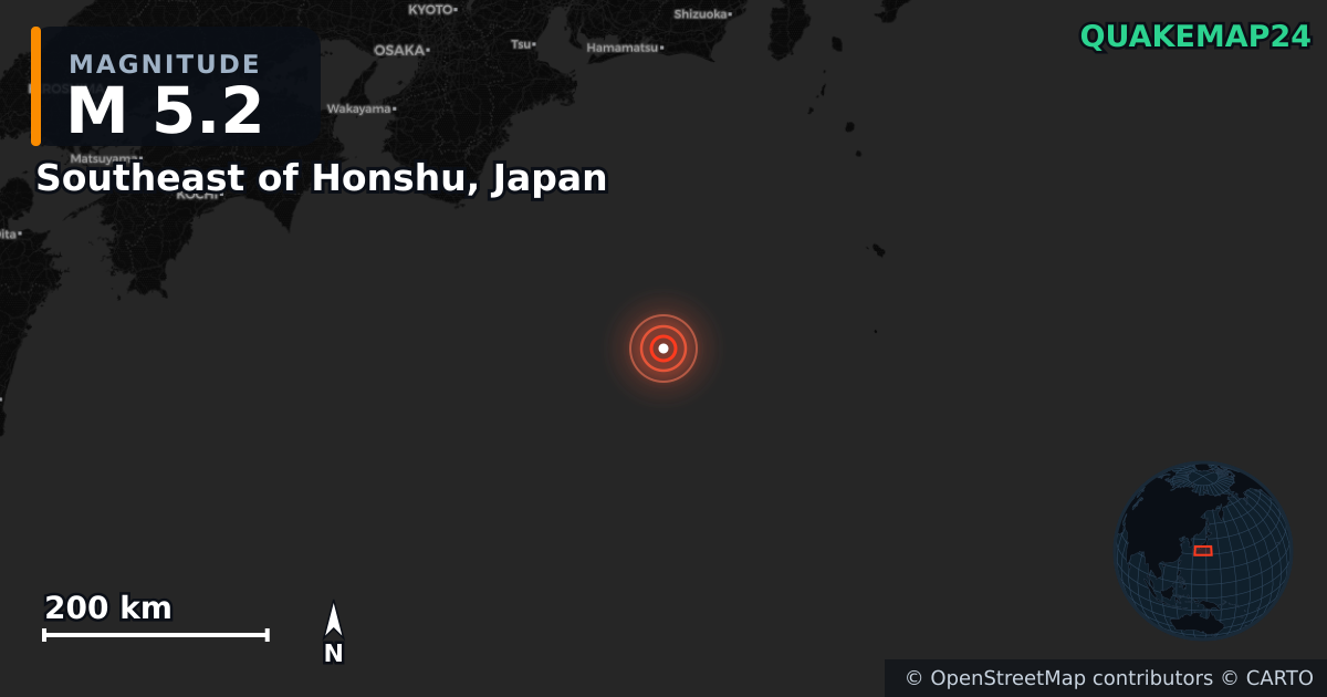 M5.2 earthquake near Southeast of Honshu, Japan on Dec 12, 2025 — map of epicenter and shaking intensity | QuakeMap24