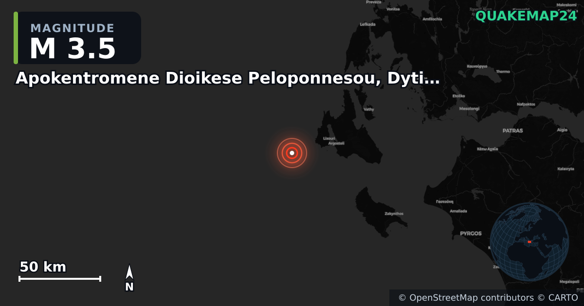 M3.5 earthquake near Apokentromene Dioikese Peloponnesou, Dytikes Elladas kai Ioniou on Oct 17, 2025 — map of epicenter and shaking intensity | QuakeMap24