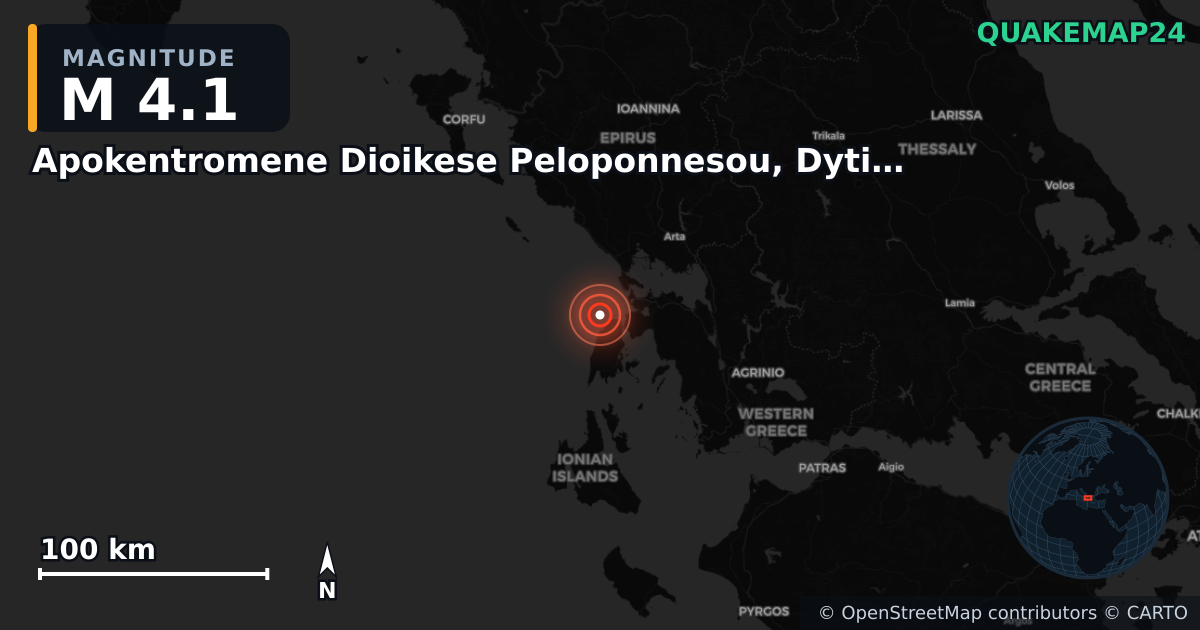 M4.1 earthquake near Apokentromene Dioikese Peloponnesou, Dytikes Elladas kai Ioniou on Nov 17, 2025 — map of epicenter and shaking intensity | QuakeMap24