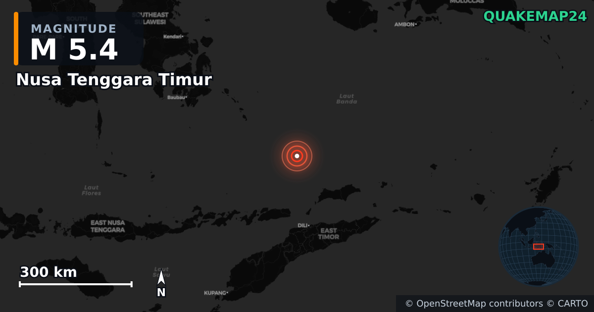 M5.4 earthquake near Nusa Tenggara Timur on Aug 12, 2025 — map of epicenter and shaking intensity | QuakeMap24