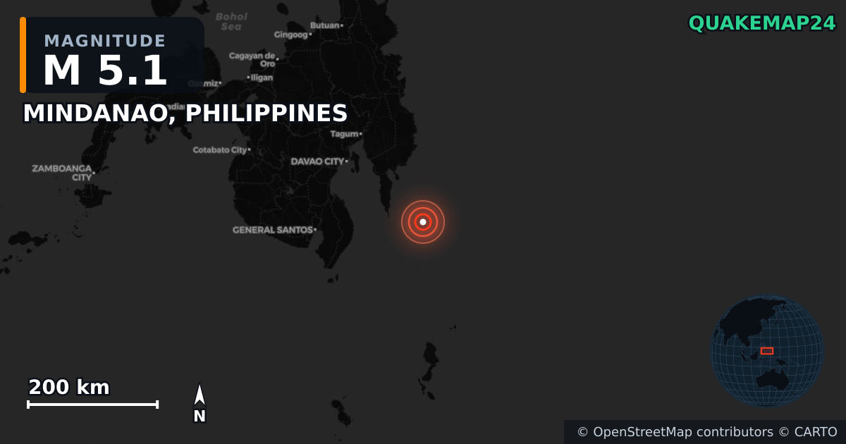 MINDANAO, PHILIPPINES yakınında M5,1 deprem — Deprem merkez üssünün konumunu gösteren harita
