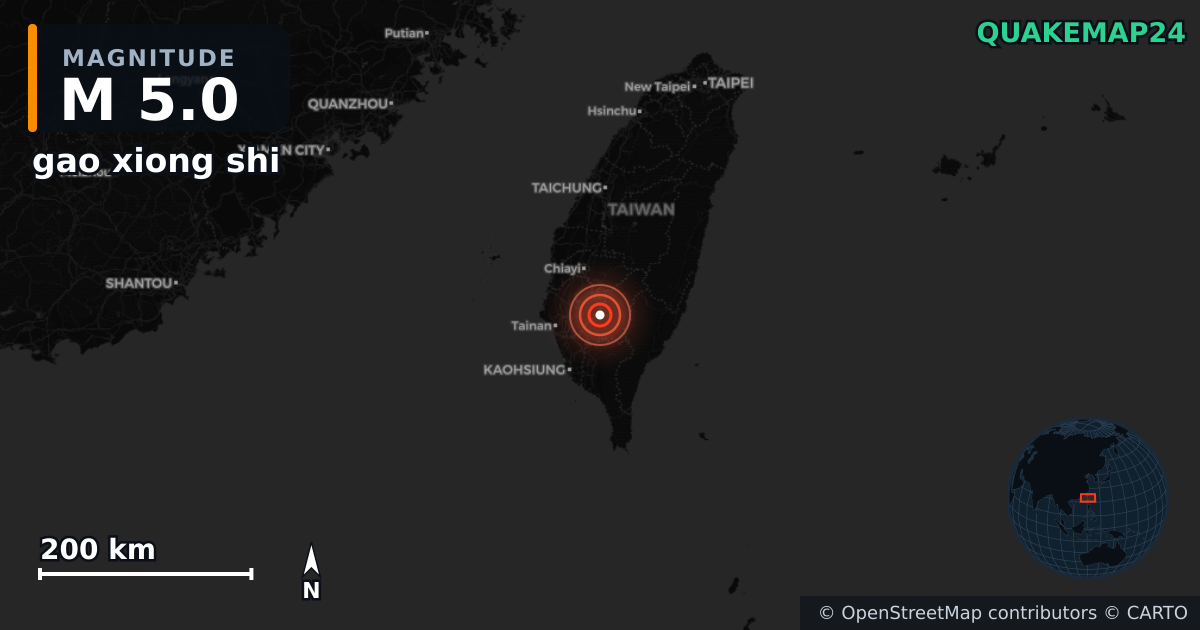 M5.0 earthquake near gao xiong shi on Aug 22, 2025 — map of epicenter and shaking intensity | QuakeMap24