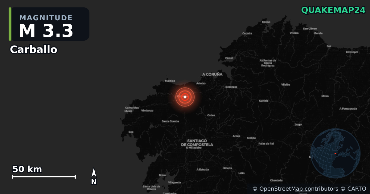 M3.3 earthquake near Carballo on Jun 23, 2026 — map of epicenter and shaking intensity | QuakeMap24