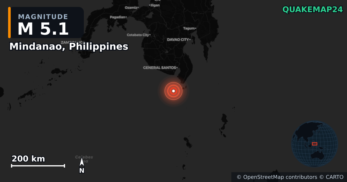 Erdbeben M5,1 bei Mindanao, Philippines — Karte der Lage des Epizentrums