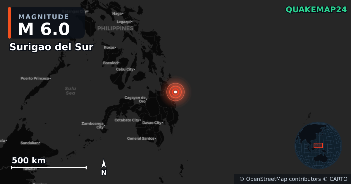 M6.0 earthquake near Surigao del Sur on Oct 11, 2025 — map of epicenter and shaking intensity | QuakeMap24