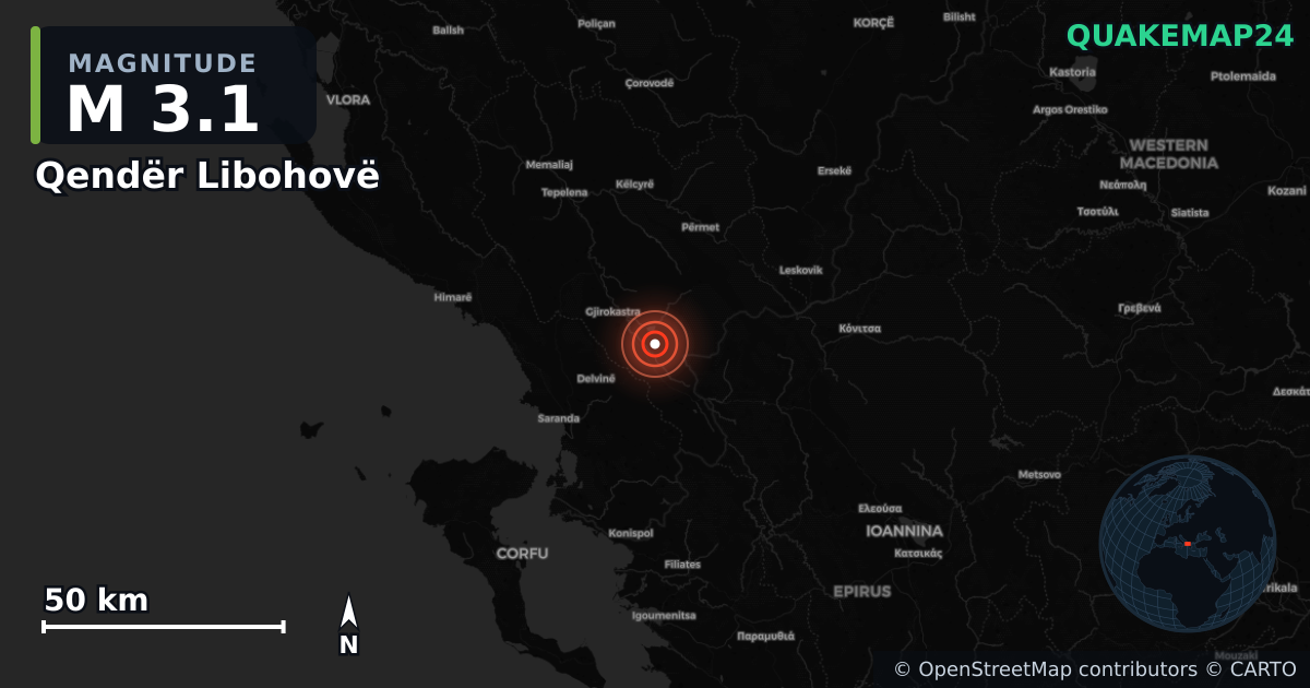 M3.1 earthquake near Qendër Libohovë on Sep 6, 2025 — map of epicenter and shaking intensity | QuakeMap24