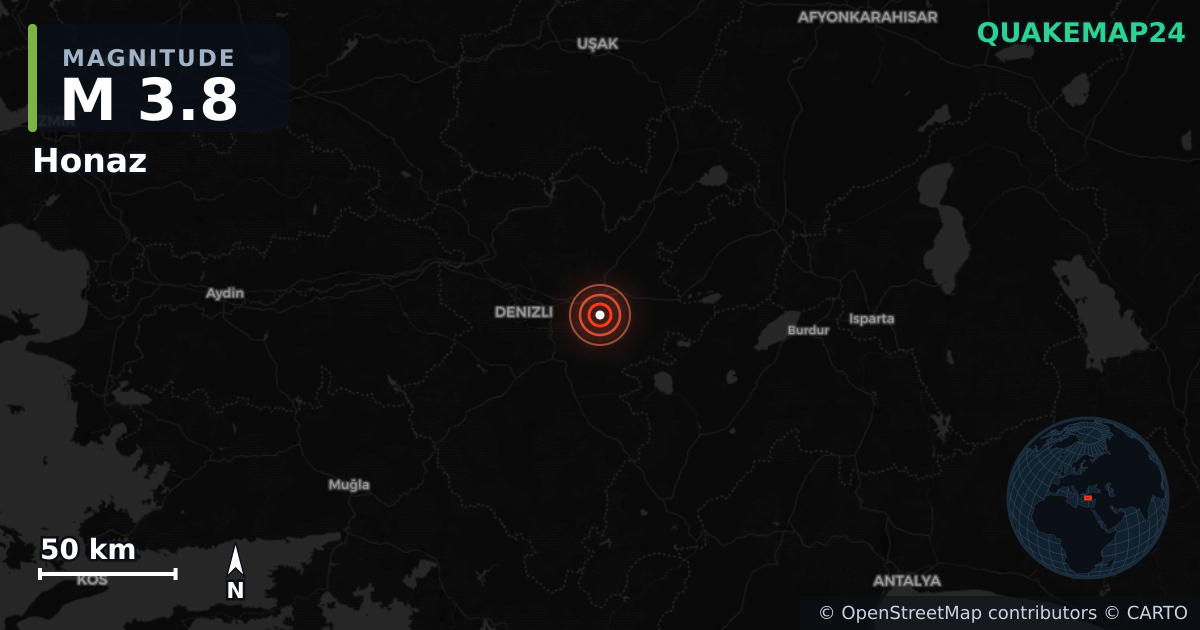 Honaz, Denizli (Türkiye) yakınında M3,8 deprem · 2026-10-07 — Deprem merkez üssünün konumunu gösteren harita