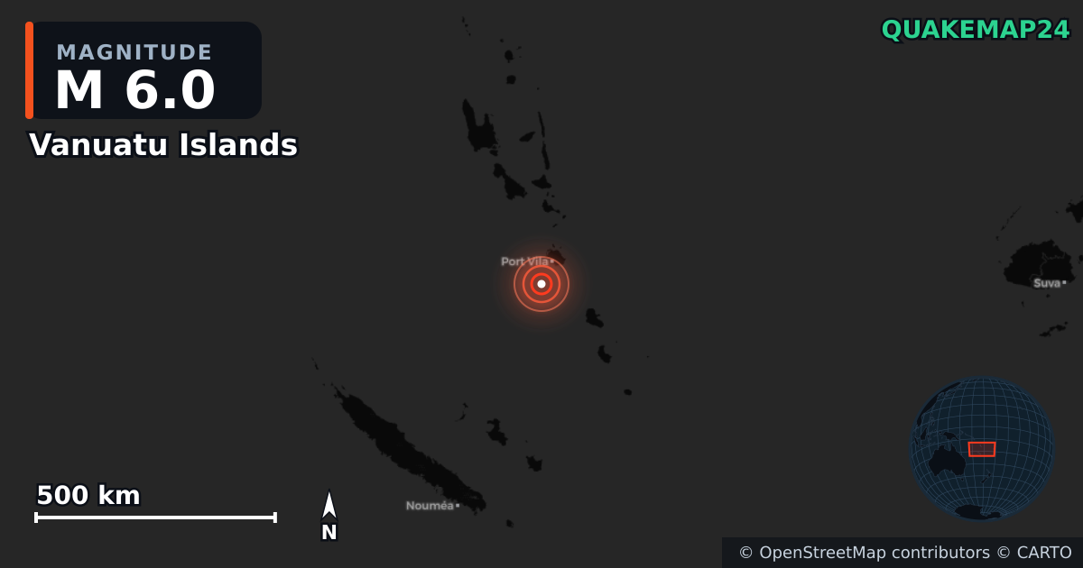 M6.0 earthquake near Vanuatu Islands on May 19, 2026 — map of epicenter and shaking intensity | QuakeMap24