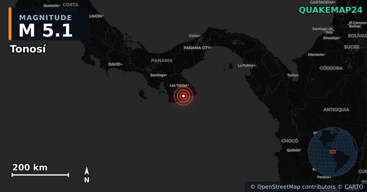 Tonosí, Los Santos (Panama) yakınında M5,1 deprem · 2026-10-10 — Deprem merkez üssünün konumunu gösteren harita