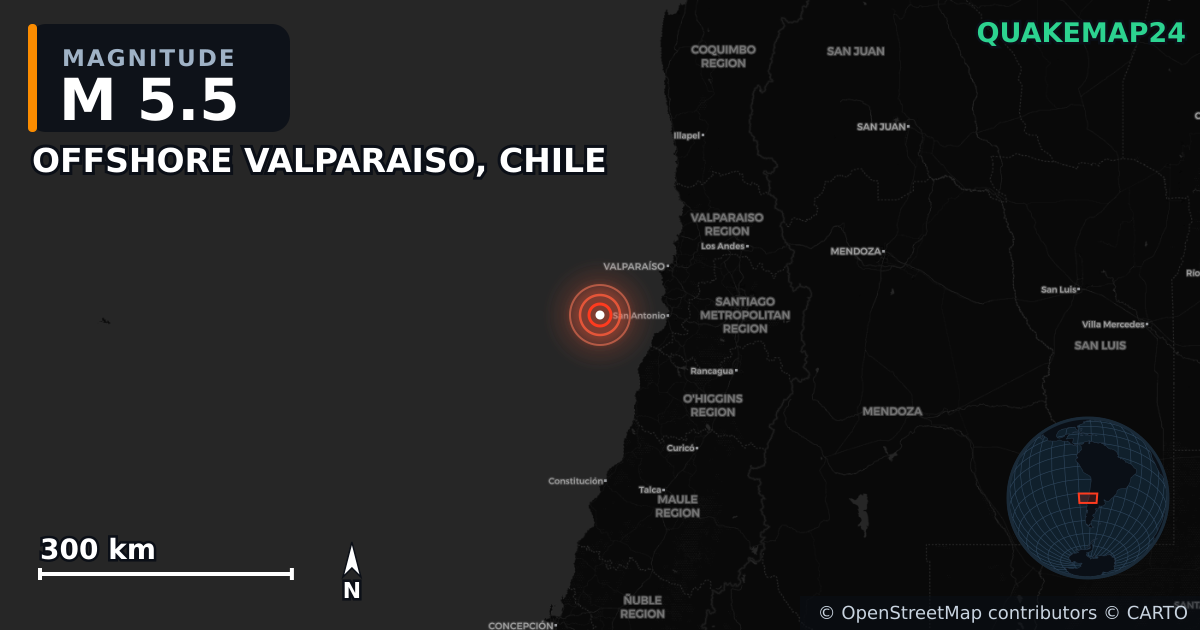 M5.5 earthquake near OFFSHORE VALPARAISO, CHILE on Jul 2, 2025 — map of epicenter and shaking intensity | QuakeMap24