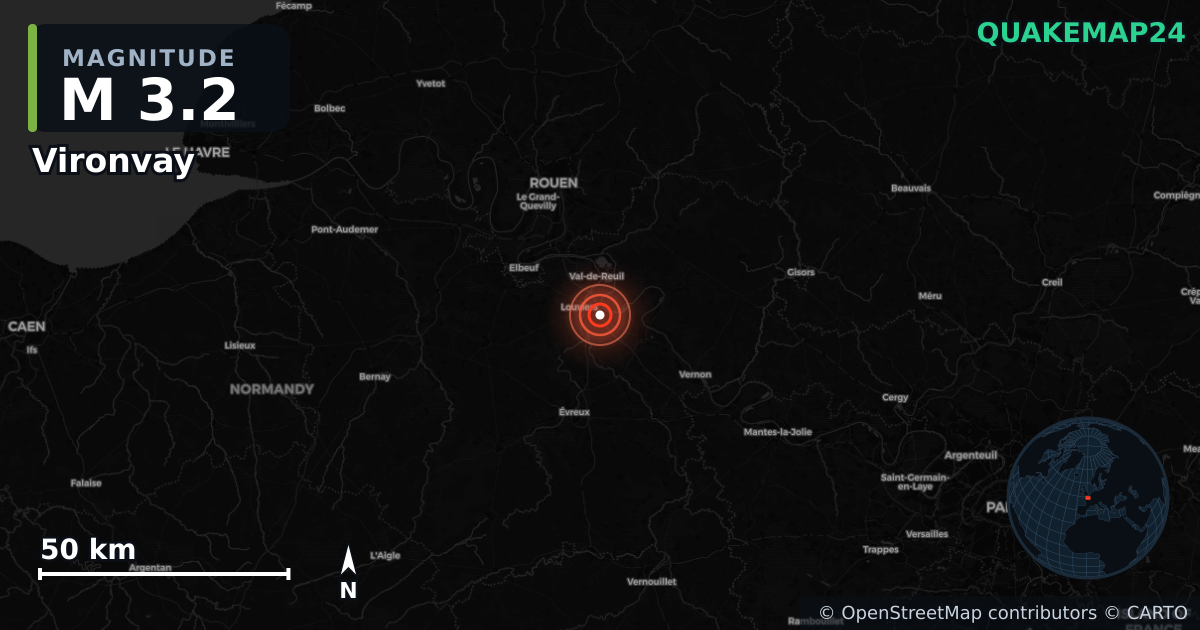 Erdbeben M3,2 bei Vironvay, Normandy (Frankreich) · 2026-09-10 — Karte der Lage des Epizentrums