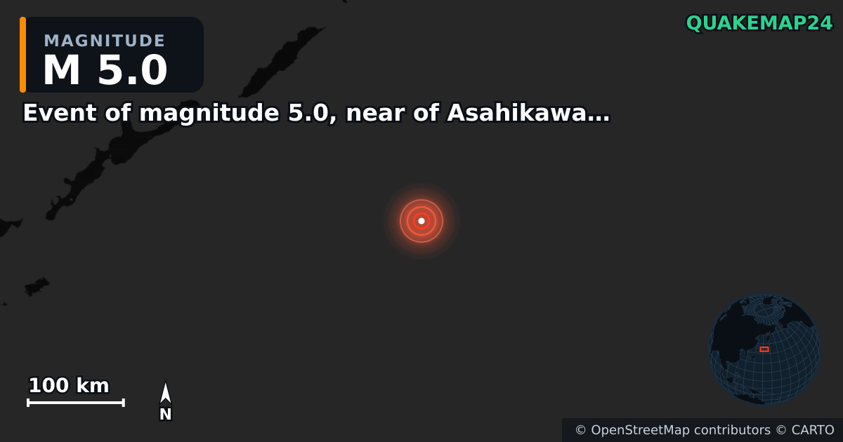 M5.0 earthquake near Event of magnitude 5.0, near of Asahikawa (Monde) on Feb 11, 2026 — map of epicenter and shaking intensity | QuakeMap24