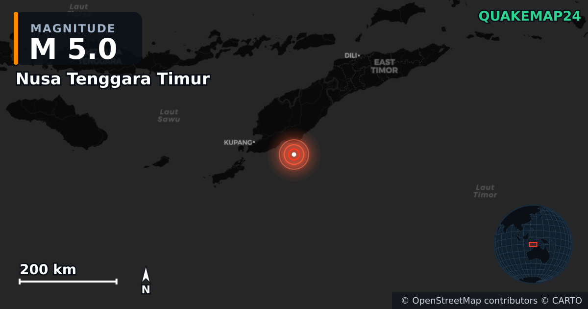 M5.0 earthquake near Nusa Tenggara Timur on May 25, 2026 — map of epicenter and shaking intensity | QuakeMap24
