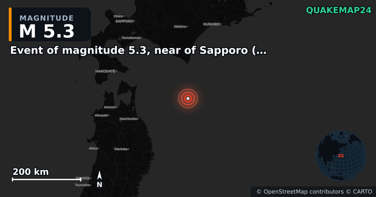 M5.3 earthquake near Event of magnitude 5.3, near of Sapporo (Monde) on Dec 8, 2025 — map of epicenter and shaking intensity | QuakeMap24